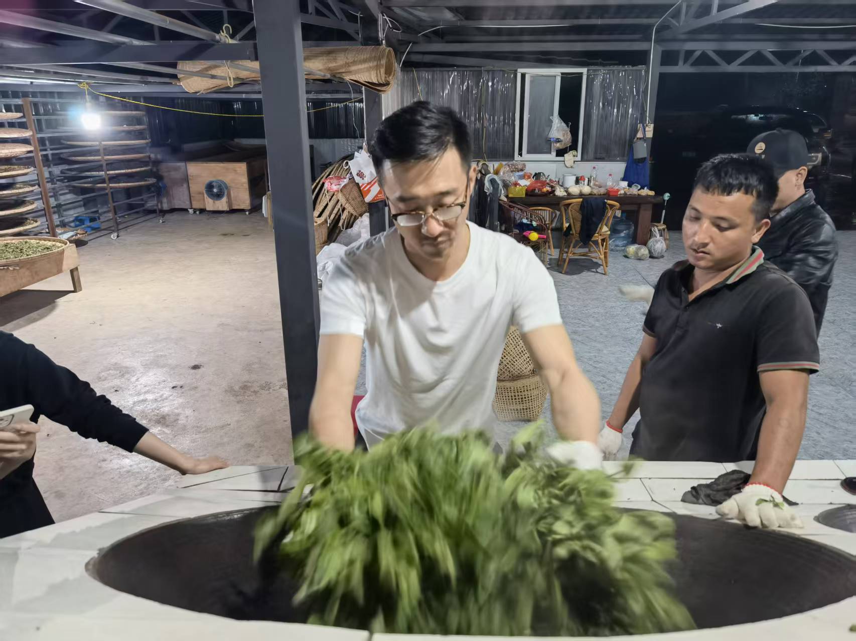Fresh tea leaves being pan-fired by hand in a large wok
